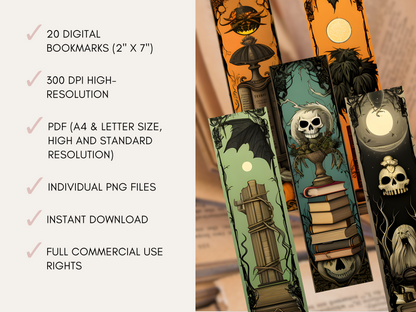 Halloween Printable Digital Bookmarks | 20 x PDF (A4 & Letter Size) | 20 x PNG Files | Full Commercial Use