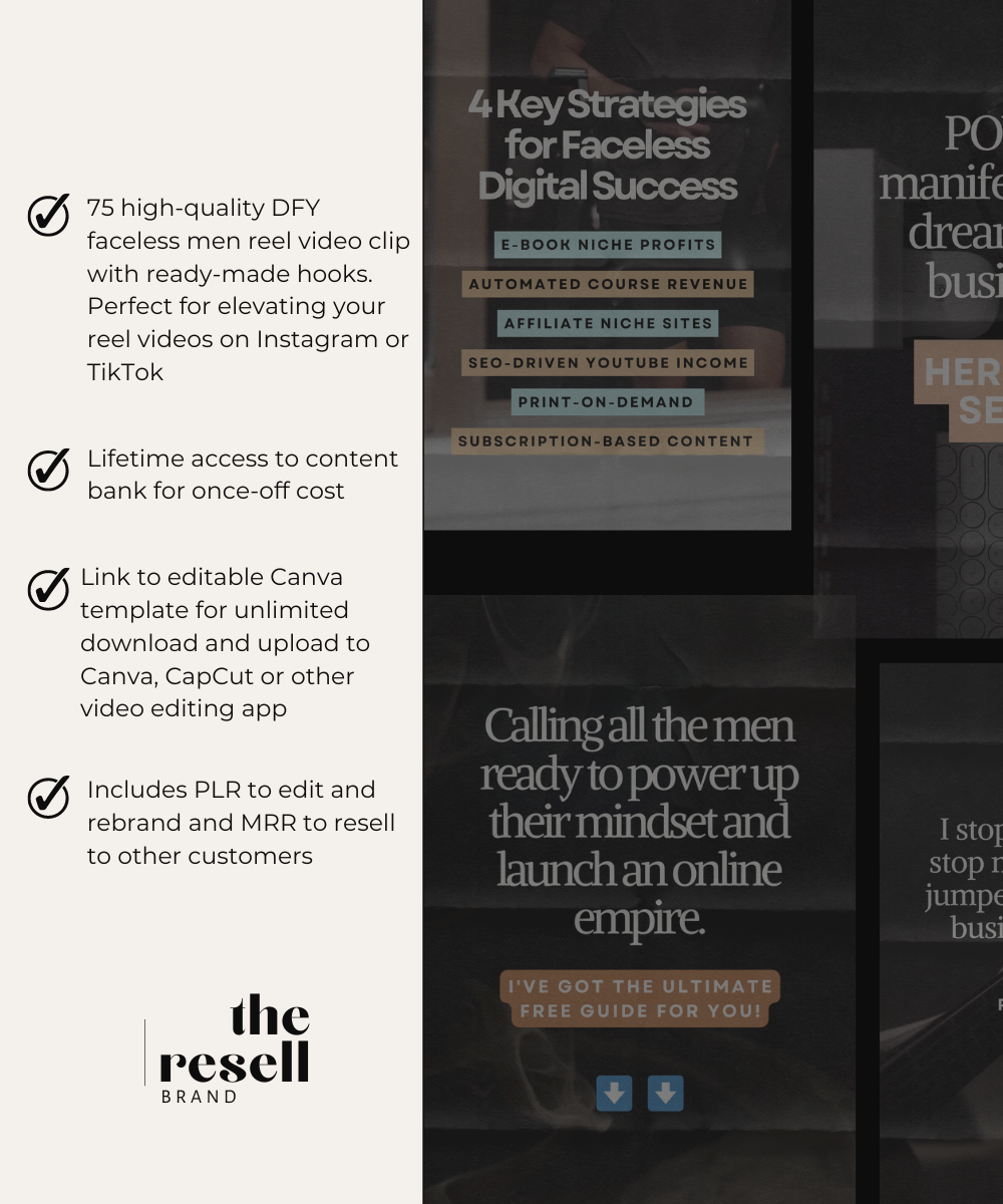 75 Done For You (DFY) Faceless Men Reels with Hooks Video Bundle | Instagram/TikTok Reel Videos Content Bank | MRR