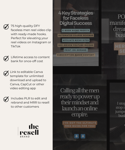 75 Done For You (DFY) Faceless Men Reels with Hooks Video Bundle | Instagram/TikTok Reel Videos Content Bank | MRR