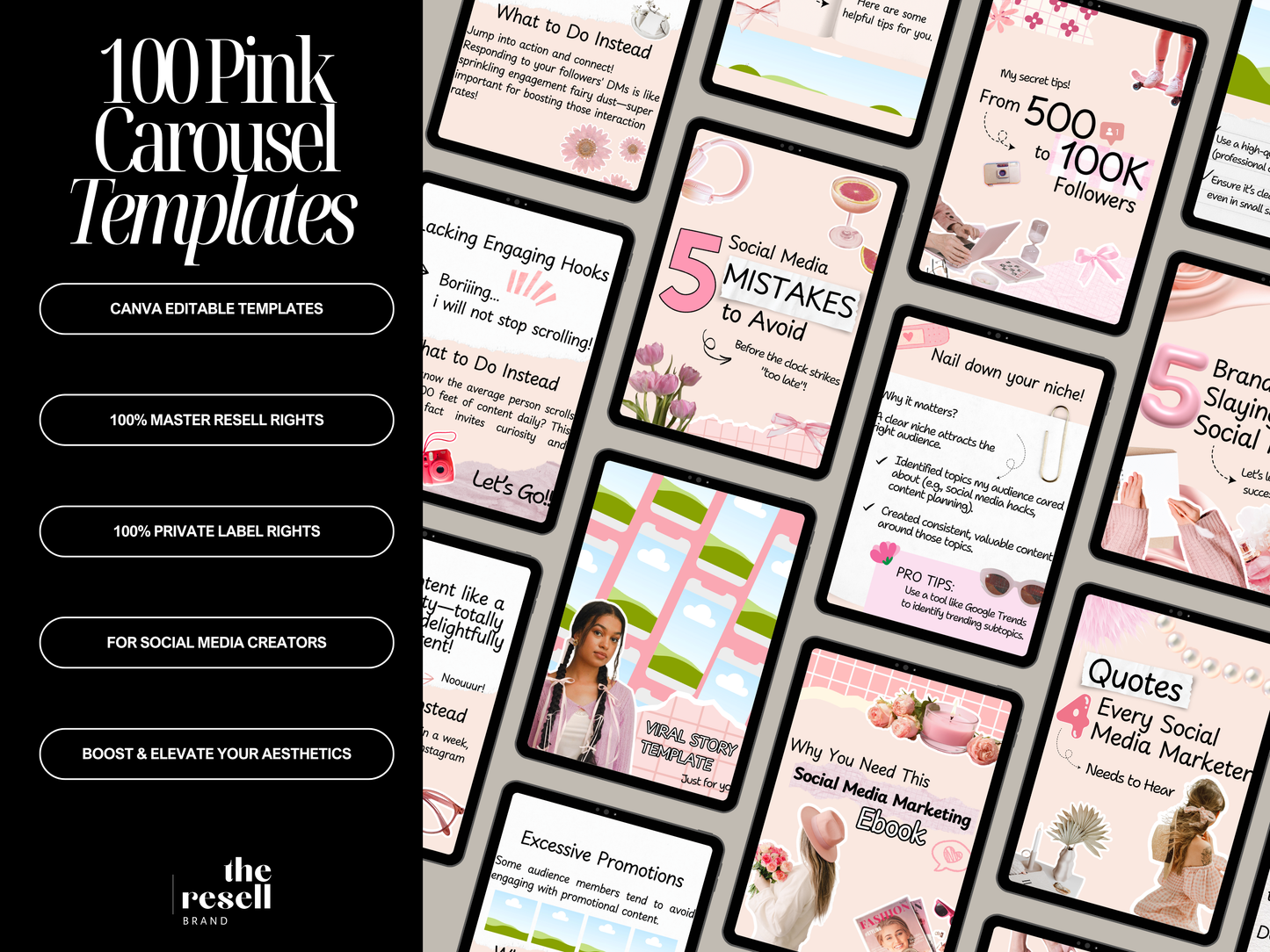 100 Pink Aesthetic Instagram Carousel Templates | Canva Editable | Cozy Social Media Kit | PLR + MRR Included | IG Content Templates
