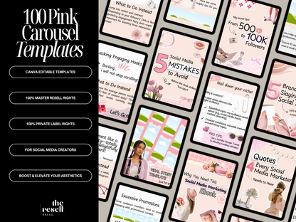 100 Pink Aesthetic Instagram Carousel Templates | Canva Editable | Cozy Social Media Kit | PLR + MRR Included | IG Content Templates