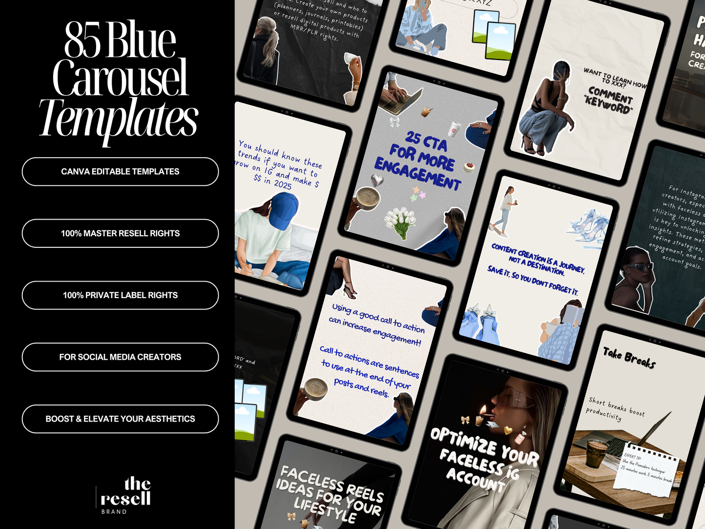 85 Blue Sticker Scrapbook Carousel Templates | Canva Editable IG Kit | Cozy Aesthetic Content | PLR + MRR Included | Digital Download