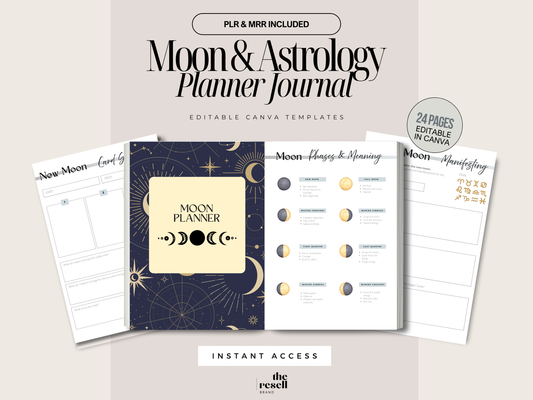 Moon & Astrology Planner Journal | 24-Page Editable Canva Template | Spiritual Journal PLR + MRR | Lunar Printable Planner Digital Download