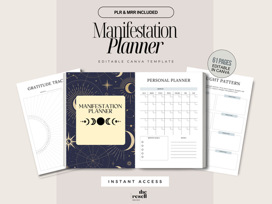 Manifestation Planner Canva Template | 61 Pages Canva Editable | Law of Attraction Journal PLR + MRR | Digital Mindset Workbook