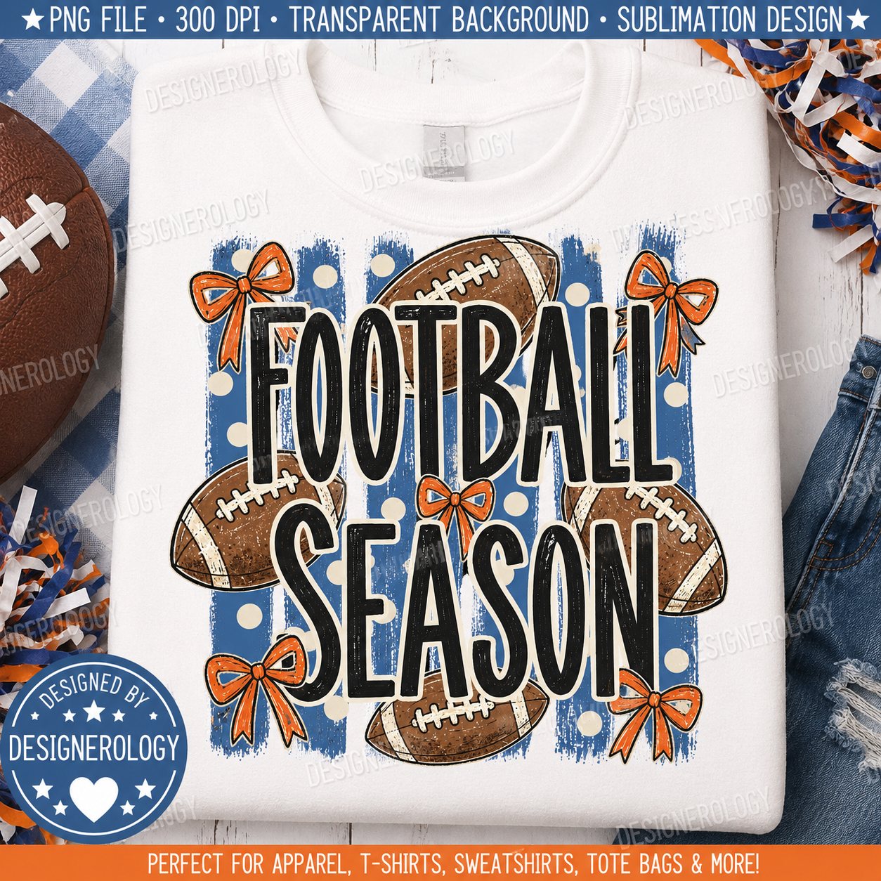 Football Season coquette PNG featuring vintage football graphics, orange bows, blue striped background, and game day typography for sublimation and print-on-demand apparel.