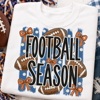 Football Season coquette PNG featuring vintage football graphics, orange bows, blue striped background, and game day typography for sublimation and print-on-demand apparel.