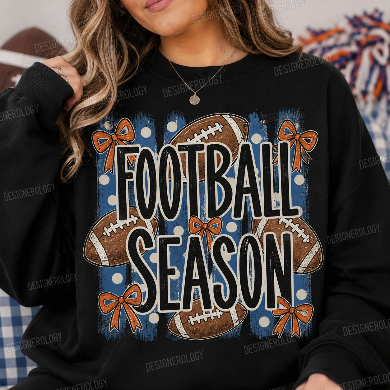 Football Season coquette PNG featuring vintage football graphics, orange bows, blue striped background, and game day typography for sublimation and print-on-demand apparel.