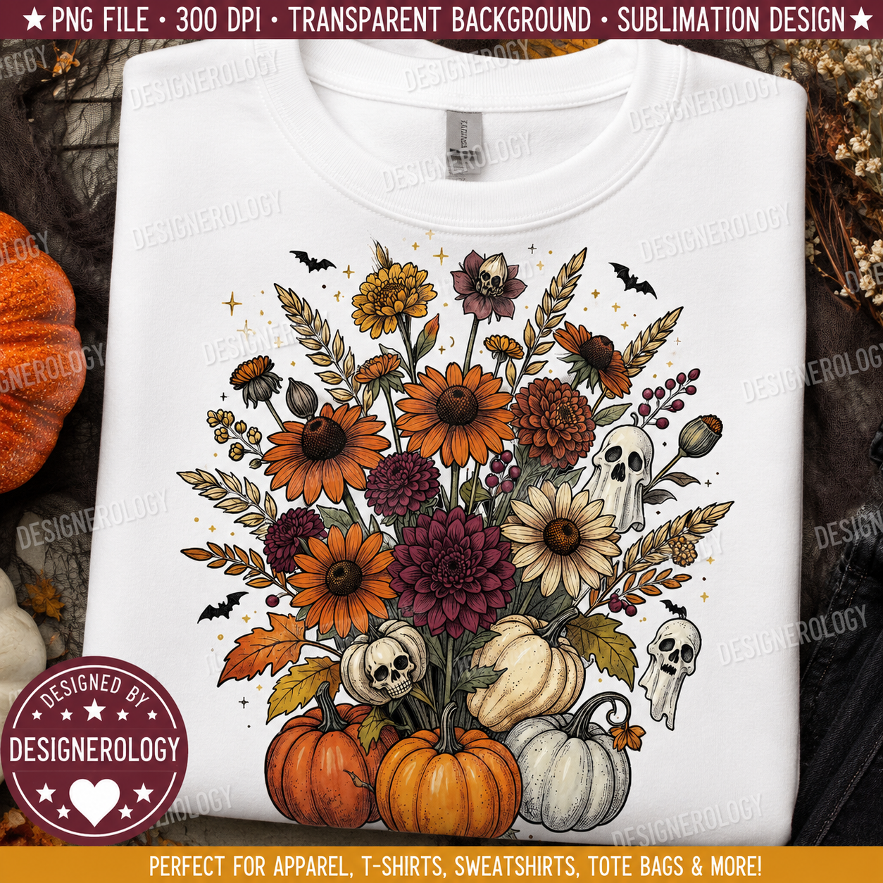 Halloween floral pumpkin ghost PNG featuring autumn flowers, pumpkins, ghost accents, skulls, and botanical elements for sublimation, t-shirts, sweatshirts, tote bags, mugs, and fall craft projects.