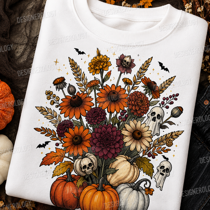 Halloween floral pumpkin ghost PNG featuring autumn flowers, pumpkins, ghost accents, skulls, and botanical elements for sublimation, t-shirts, sweatshirts, tote bags, mugs, and fall craft projects.