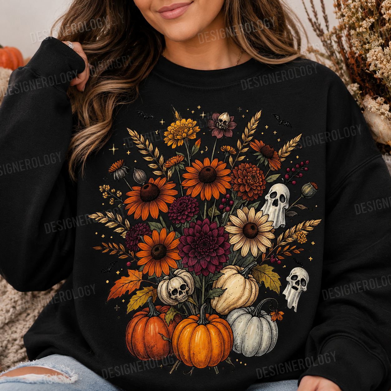 Halloween floral pumpkin ghost PNG featuring autumn flowers, pumpkins, ghost accents, skulls, and botanical elements for sublimation, t-shirts, sweatshirts, tote bags, mugs, and fall craft projects.