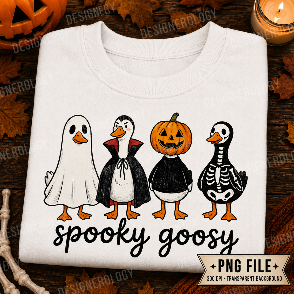 Cute Spooky Goosy Halloween PNG featuring geese dressed as a ghost, vampire, pumpkin, and skeleton for sublimation and print-on-demand projects.