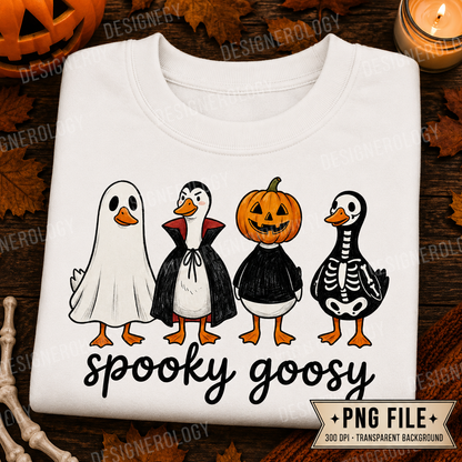 Cute Spooky Goosy Halloween PNG featuring geese dressed as a ghost, vampire, pumpkin, and skeleton for sublimation and print-on-demand projects.