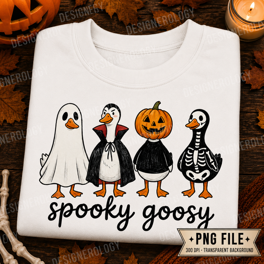Cute Spooky Goosy Halloween PNG featuring geese dressed as a ghost, vampire, pumpkin, and skeleton for sublimation and print-on-demand projects.