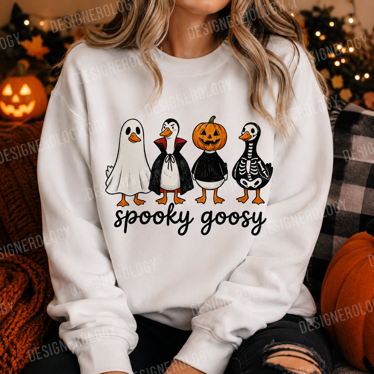 Cute Spooky Goosy Halloween PNG featuring geese dressed as a ghost, vampire, pumpkin, and skeleton for sublimation and print-on-demand projects.
