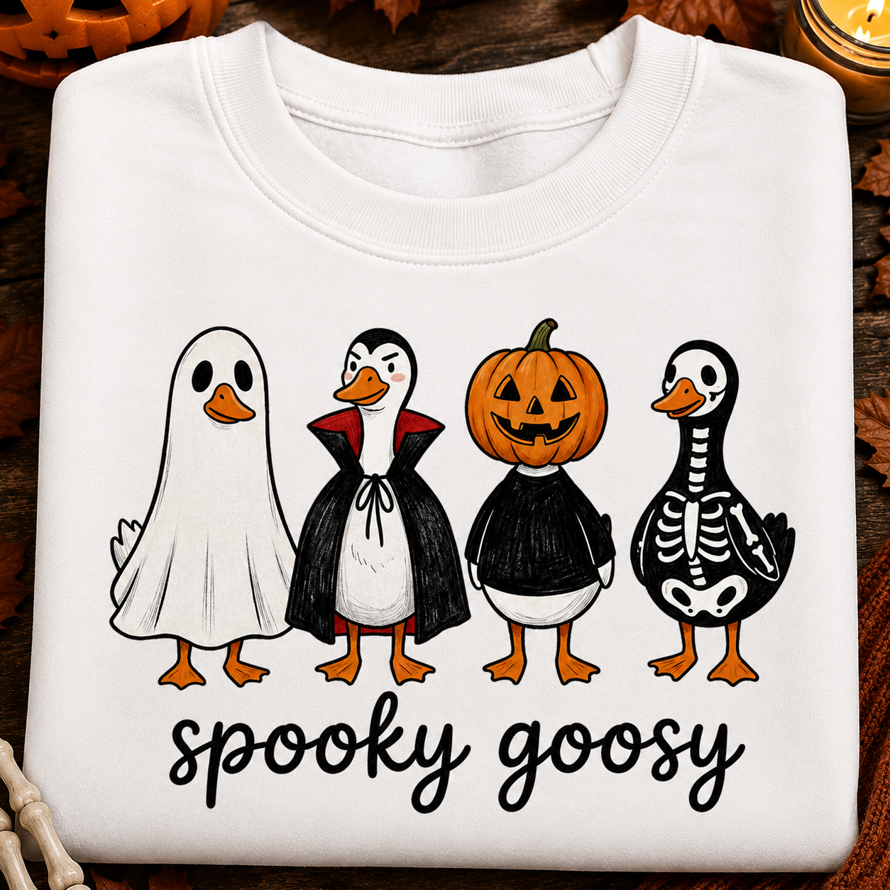 Cute Spooky Goosy Halloween PNG featuring geese dressed as a ghost, vampire, pumpkin, and skeleton for sublimation and print-on-demand projects.