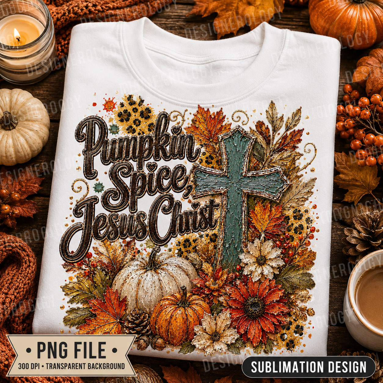 Pumpkin Spice & Jesus fall Christian PNG featuring rustic teal cross, pumpkins, autumn leaves, florals, and harvest-inspired sublimation design.