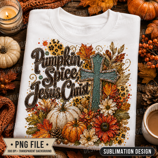Pumpkin Spice & Jesus fall Christian PNG featuring rustic teal cross, pumpkins, autumn leaves, florals, and harvest-inspired sublimation design.