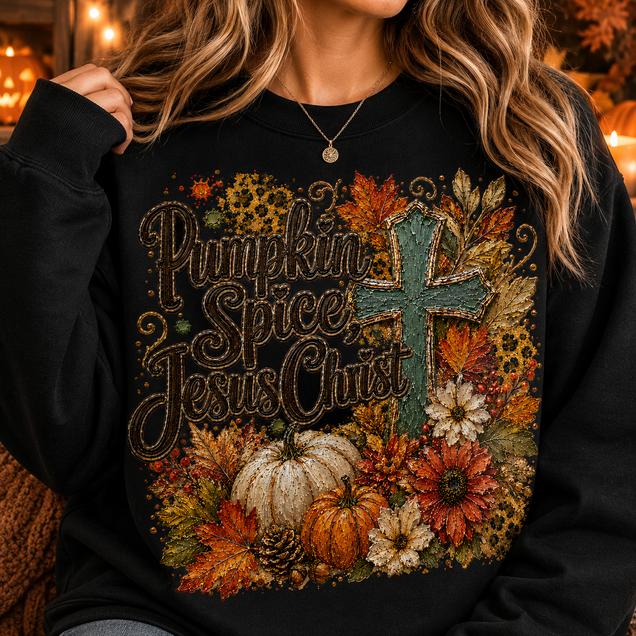 Pumpkin Spice & Jesus fall Christian PNG featuring rustic teal cross, pumpkins, autumn leaves, florals, and harvest-inspired sublimation design.