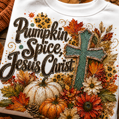 Pumpkin Spice & Jesus fall Christian PNG featuring rustic teal cross, pumpkins, autumn leaves, florals, and harvest-inspired sublimation design.