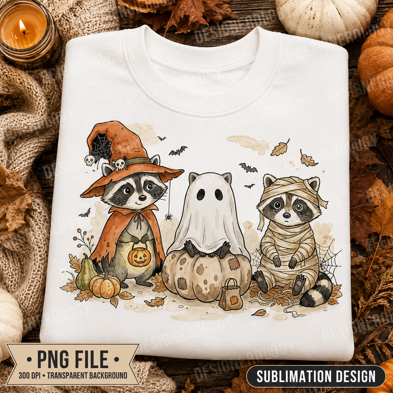 Cute whimsical Halloween raccoon trio PNG featuring a witch raccoon, ghost raccoon, and mummy raccoon with pumpkins, autumn leaves, bats, and cobwebs, perfect for sublimation, t-shirts, tote bags, mugs, and print-on-demand projects.