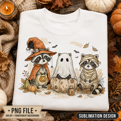 Cute whimsical Halloween raccoon trio PNG featuring a witch raccoon, ghost raccoon, and mummy raccoon with pumpkins, autumn leaves, bats, and cobwebs, perfect for sublimation, t-shirts, tote bags, mugs, and print-on-demand projects.