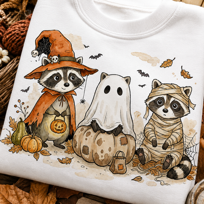 Cute whimsical Halloween raccoon trio PNG featuring a witch raccoon, ghost raccoon, and mummy raccoon with pumpkins, autumn leaves, bats, and cobwebs, perfect for sublimation, t-shirts, tote bags, mugs, and print-on-demand projects.