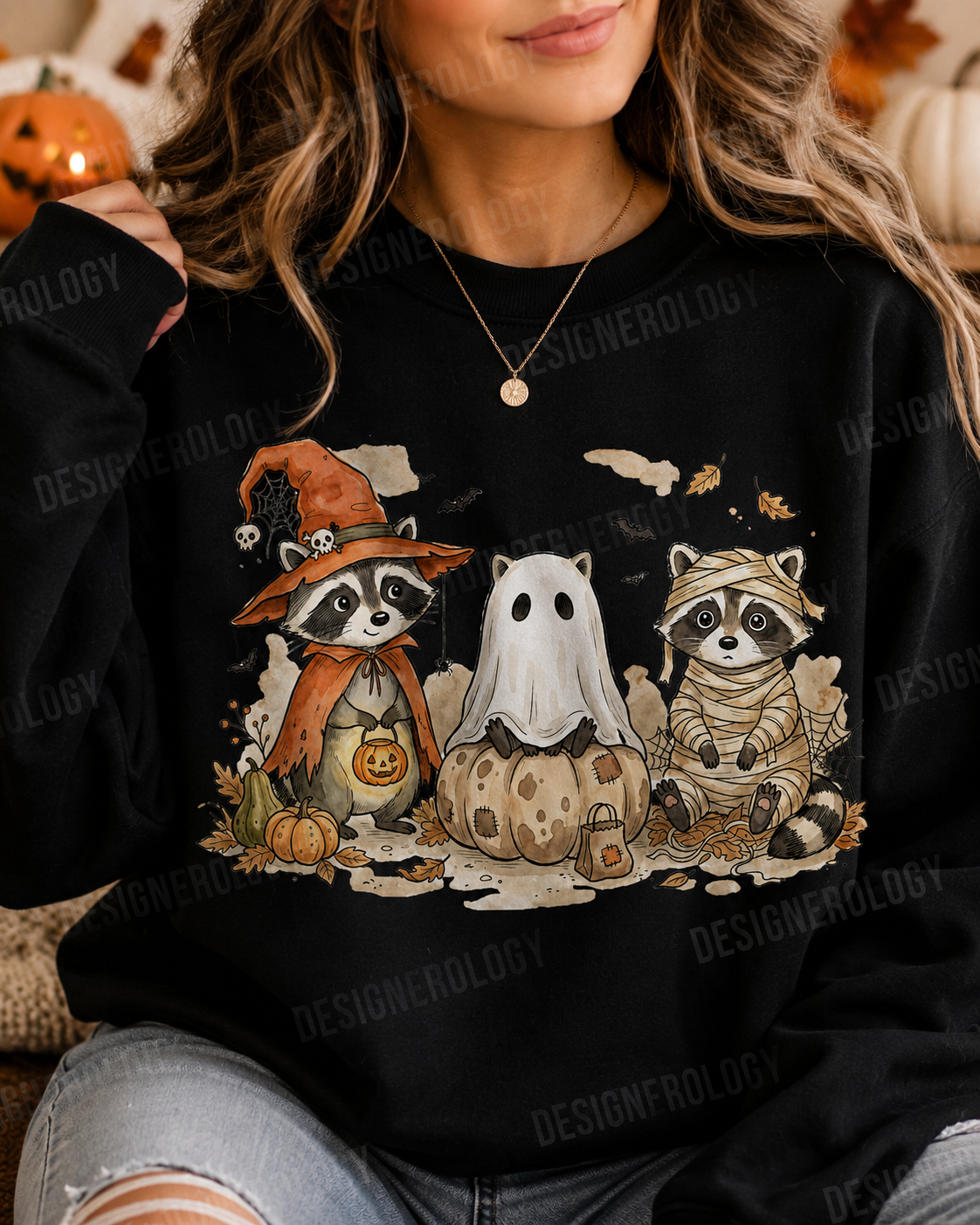 Cute whimsical Halloween raccoon trio PNG featuring a witch raccoon, ghost raccoon, and mummy raccoon with pumpkins, autumn leaves, bats, and cobwebs, perfect for sublimation, t-shirts, tote bags, mugs, and print-on-demand projects.