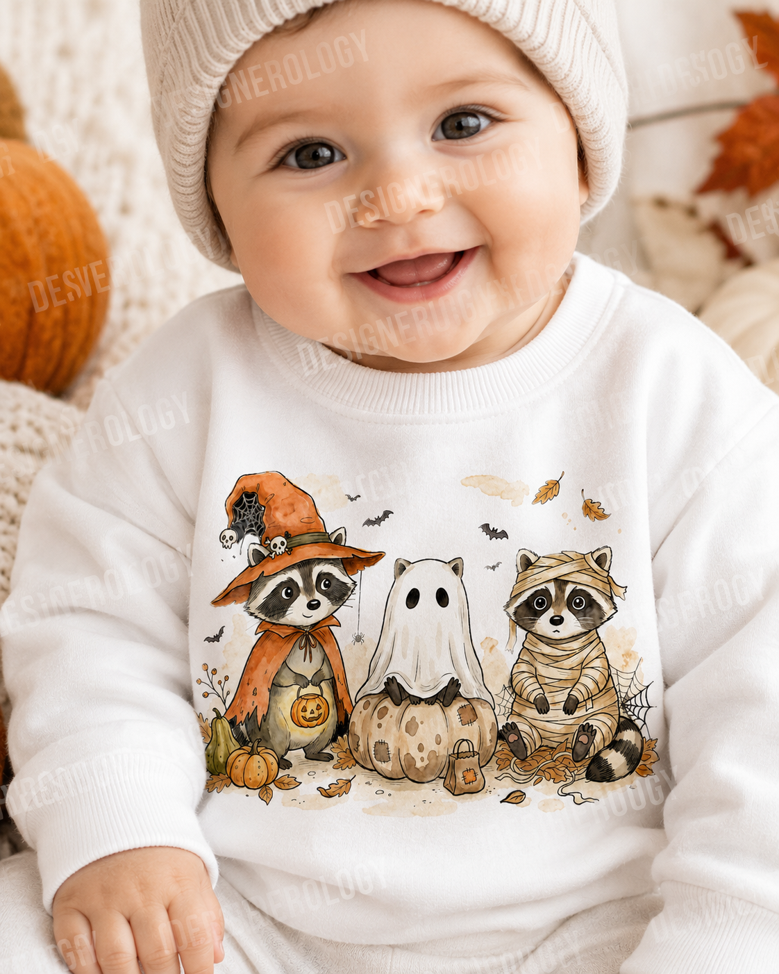 Cute whimsical Halloween raccoon trio PNG featuring a witch raccoon, ghost raccoon, and mummy raccoon with pumpkins, autumn leaves, bats, and cobwebs, perfect for sublimation, t-shirts, tote bags, mugs, and print-on-demand projects.