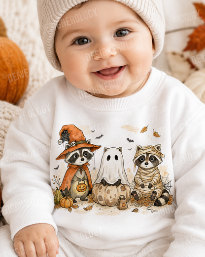 Cute whimsical Halloween raccoon trio PNG featuring a witch raccoon, ghost raccoon, and mummy raccoon with pumpkins, autumn leaves, bats, and cobwebs, perfect for sublimation, t-shirts, tote bags, mugs, and print-on-demand projects.