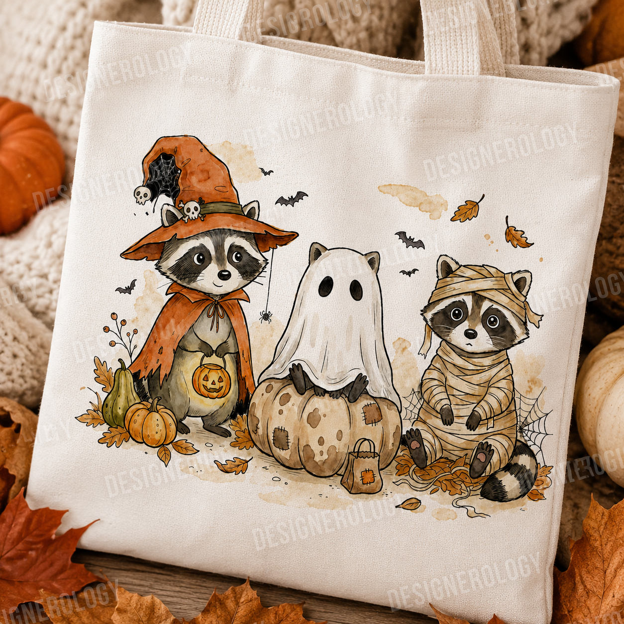 Cute whimsical Halloween raccoon trio PNG featuring a witch raccoon, ghost raccoon, and mummy raccoon with pumpkins, autumn leaves, bats, and cobwebs, perfect for sublimation, t-shirts, tote bags, mugs, and print-on-demand projects.