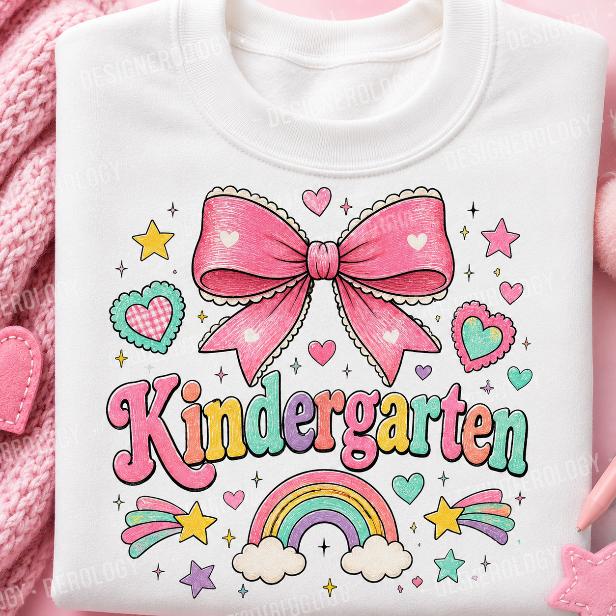 Cute Kindergarten PNG featuring a pink coquette bow, pastel rainbow, hearts, and colorful lettering for back-to-school sublimation projects, t-shirts, tote bags, mugs, and print-on-demand products.