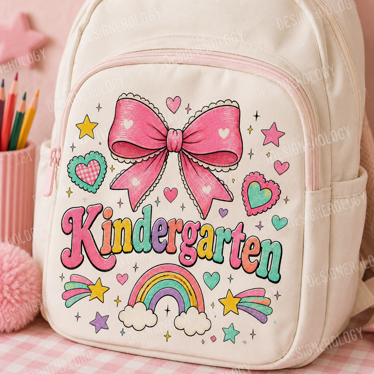 Cute Kindergarten PNG featuring a pink coquette bow, pastel rainbow, hearts, and colorful lettering for back-to-school sublimation projects, t-shirts, tote bags, mugs, and print-on-demand products.