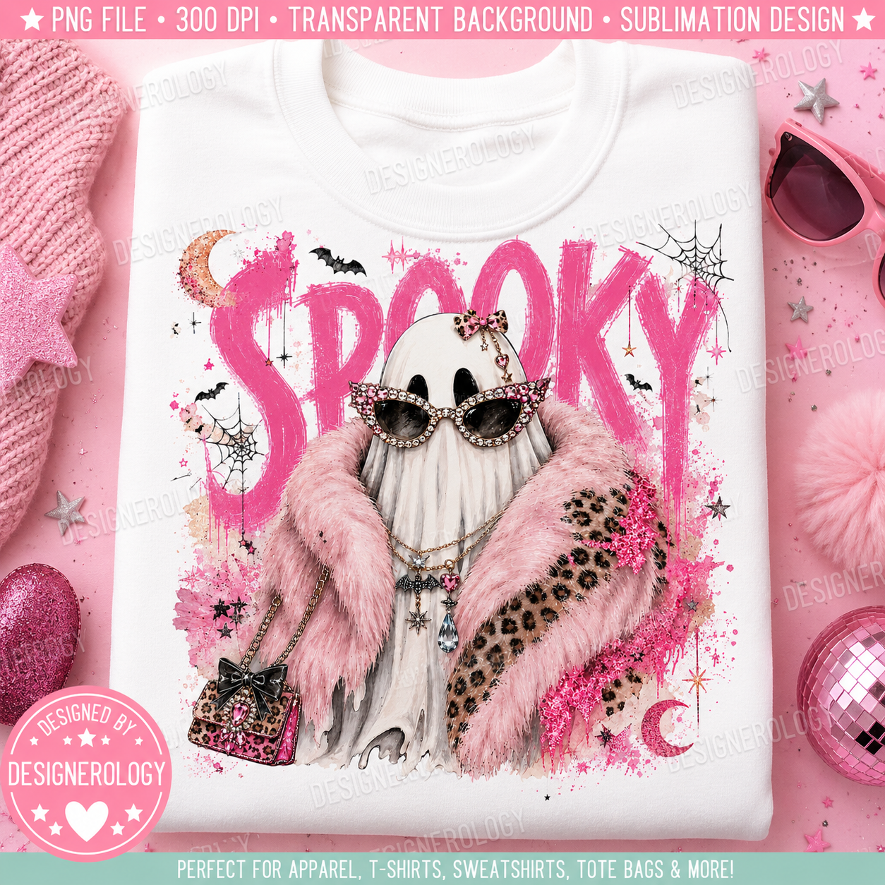 Glam spooky ghost PNG featuring a pink faux fur coat, rhinestone sunglasses, leopard print accessories, and bold pink Halloween lettering for sublimation, t-shirts, tote bags, mugs, and print-on-demand products.