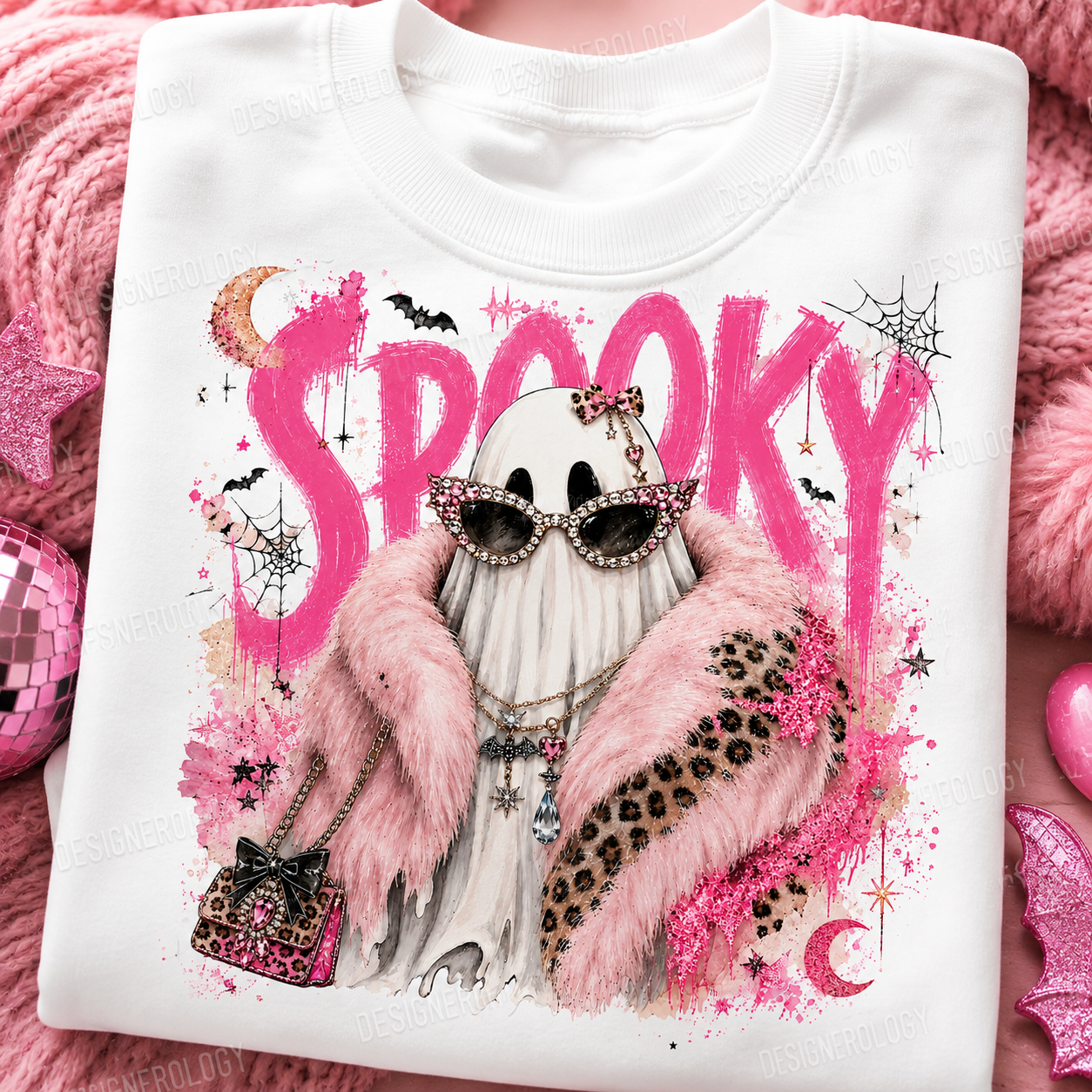 Glam spooky ghost PNG featuring a pink faux fur coat, rhinestone sunglasses, leopard print accessories, and bold pink Halloween lettering for sublimation, t-shirts, tote bags, mugs, and print-on-demand products.