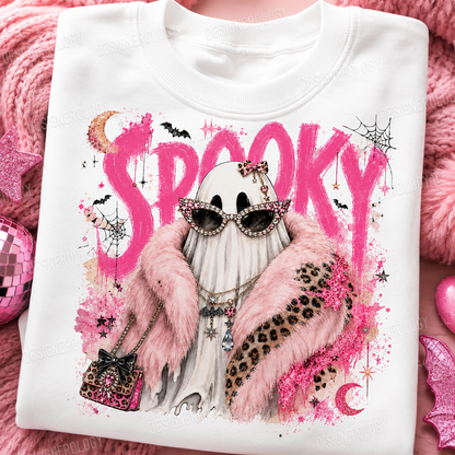 Glam spooky ghost PNG featuring a pink faux fur coat, rhinestone sunglasses, leopard print accessories, and bold pink Halloween lettering for sublimation, t-shirts, tote bags, mugs, and print-on-demand products.