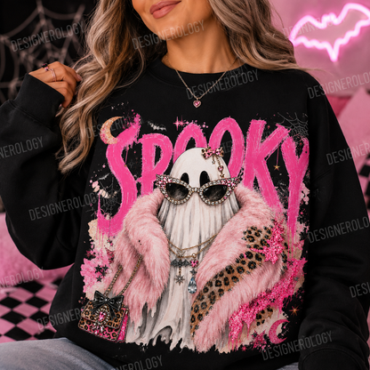 Glam spooky ghost PNG featuring a pink faux fur coat, rhinestone sunglasses, leopard print accessories, and bold pink Halloween lettering for sublimation, t-shirts, tote bags, mugs, and print-on-demand products.