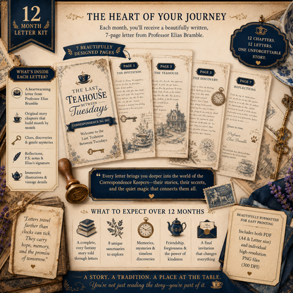 The Last Teahouse Between Tuesdays | Month 1 Printable Monthly Letter Kit | Junk Journal Subscription Kit, Digital Ephemera Story Collection