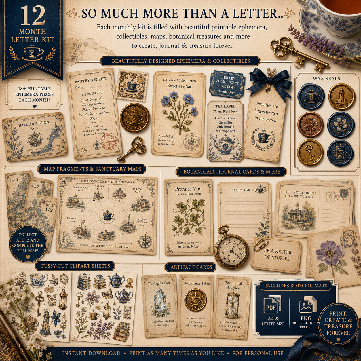 The Last Teahouse Between Tuesdays | Month 1 Printable Monthly Letter Kit | Junk Journal Subscription Kit, Digital Ephemera Story Collection