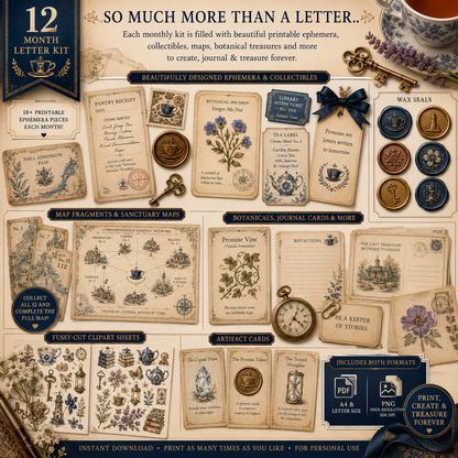 The Last Teahouse Between Tuesdays | Month 1 Printable Monthly Letter Kit | Junk Journal Subscription Kit, Digital Ephemera Story Collection