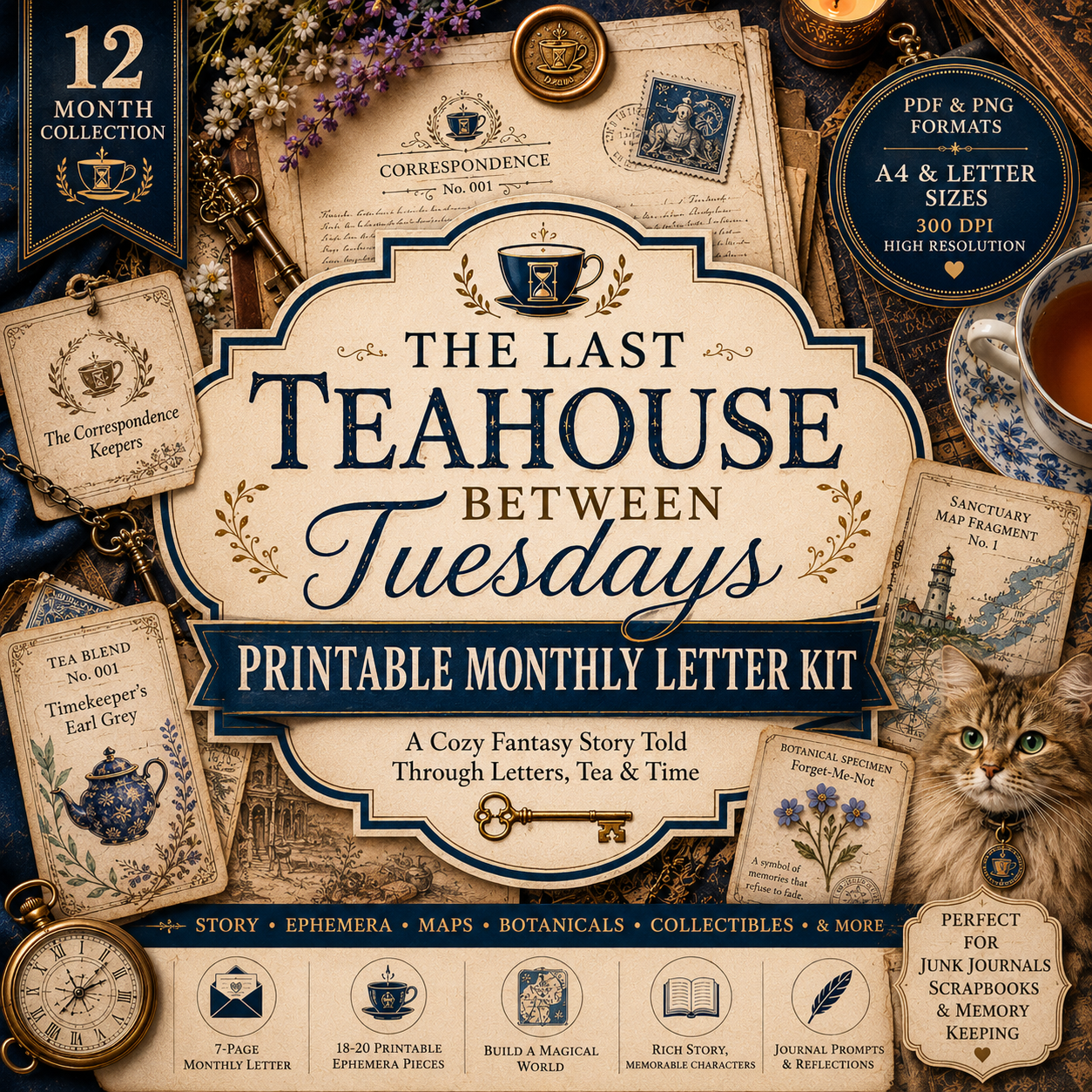 The Last Teahouse Between Tuesdays | Month 1 Printable Monthly Letter Kit | Junk Journal Subscription Kit, Digital Ephemera Story Collection