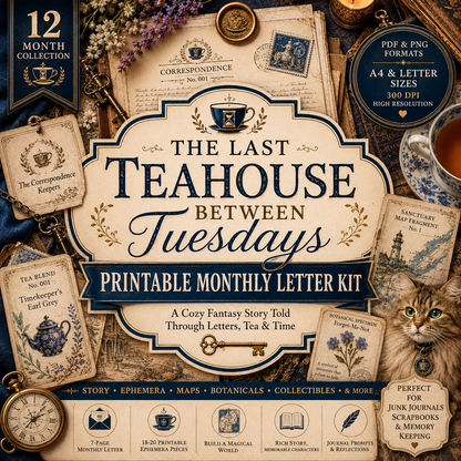 The Last Teahouse Between Tuesdays | Month 1 Printable Monthly Letter Kit | Junk Journal Subscription Kit, Digital Ephemera Story Collection