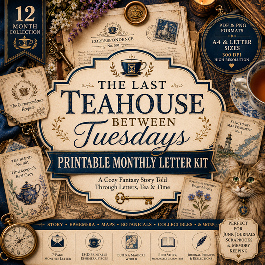 The Last Teahouse Between Tuesdays | 12 Months Printable Monthly Letter Kit | Junk Journal Subscription Kit, Digital Ephemera Story Collection