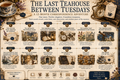 The Last Teahouse Between Tuesdays | Month 1 Printable Monthly Letter Kit | Junk Journal Subscription Kit, Digital Ephemera Story Collection