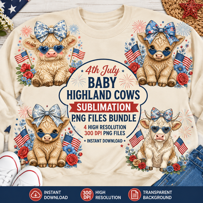 4th of July Highland Cow PNG Bundle – 4 Patriotic Sublimation Designs