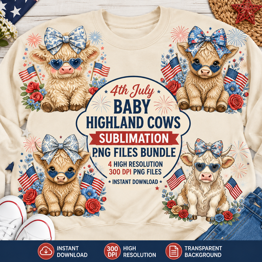 4th of July Highland Cow PNG Bundle – 4 Patriotic Sublimation Designs