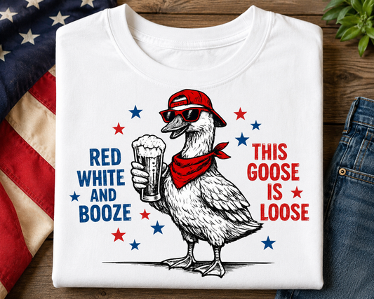 Red White & Booze Goose is Loose PNG – Funny 4th of July Sublimation Design for Shirts and Tote Bags, POD Commercial Use