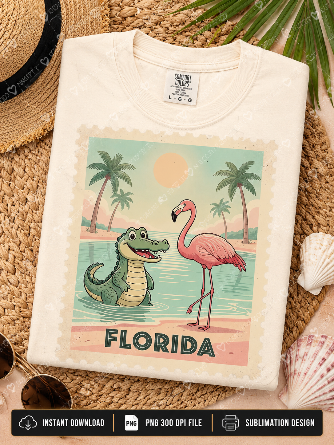 Florida retro flamingo and alligator PNG sublimation design