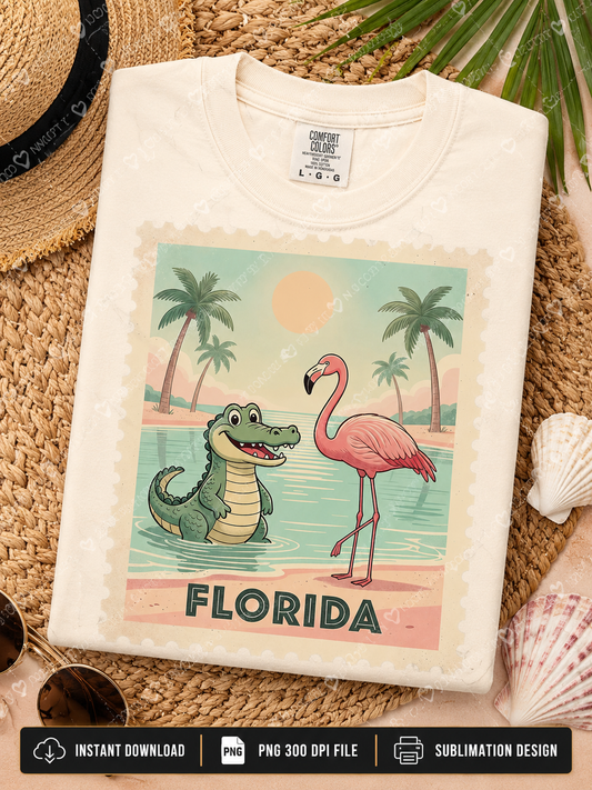 Florida retro flamingo and alligator PNG sublimation design