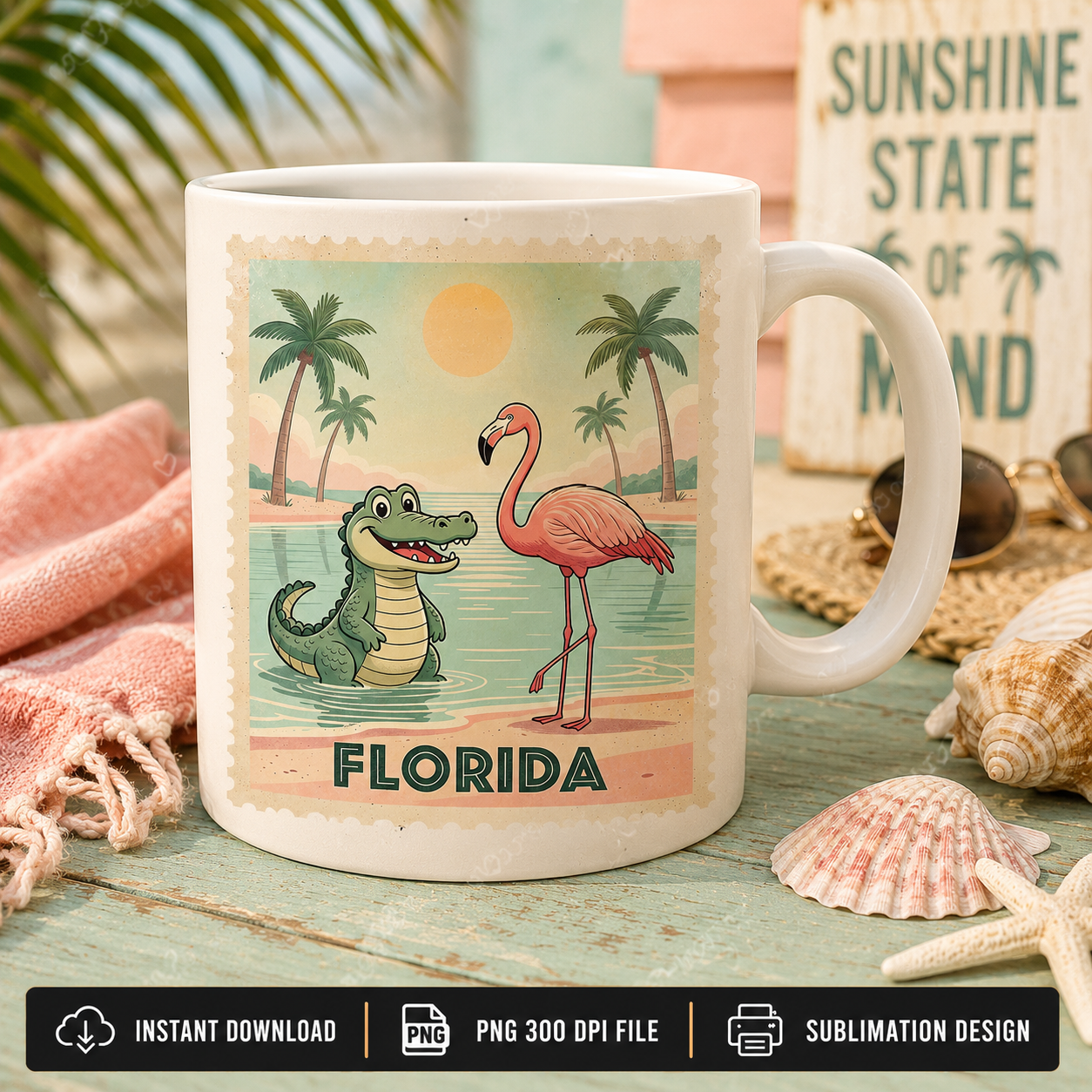 Summer Florida vacation graphic for tote bags and mugs