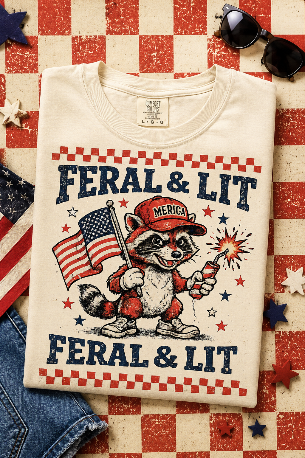 Feral and Lit funny patriotic raccoon PNG design
